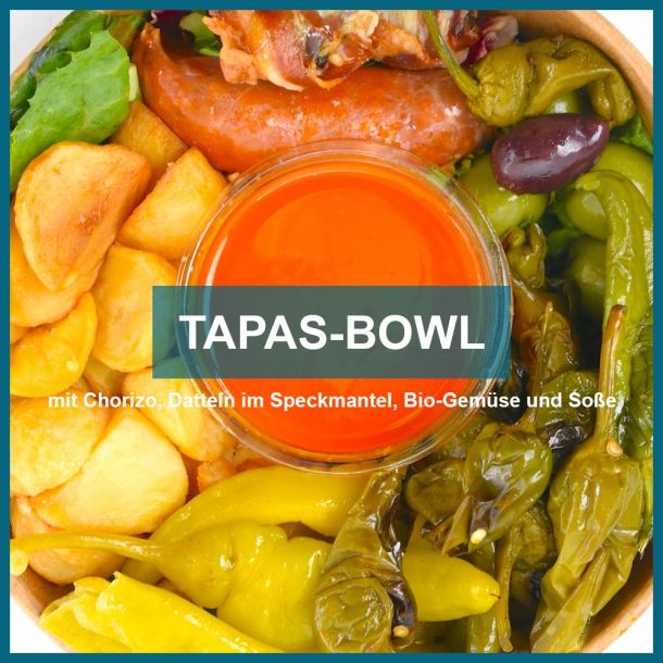 Tapas Bowl mit Chorizo, Datteln mim Speckmantel, Bio-Gemüse und Tomaten-Dip