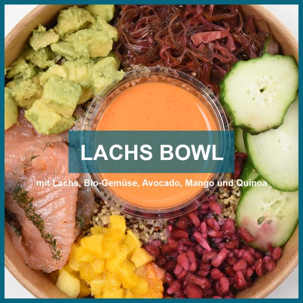 Lachs Bowl mit Quinoa, geräuchertem Lachs, Graved Lachs, Ginger Wakame, Gurke, Mango, Avocado, japanischer Mayonnaise & Granatapelkernen